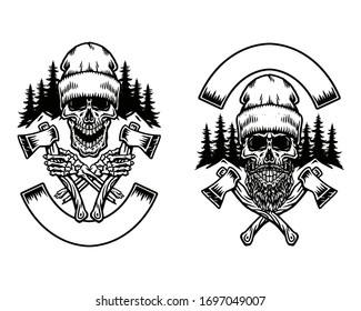 Lumberjack with two axes, hand drawn line art vector illustration