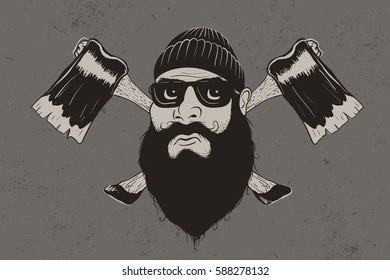 lumberjack with two axes.Retro vector label.Prints design
