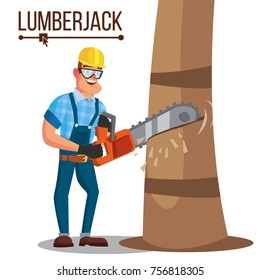 Lumberjack Vector. Classic Worker With Hand Chainsaw Tool. Deforestation Concept. Isolated Cartoon Flat Character Illustration
