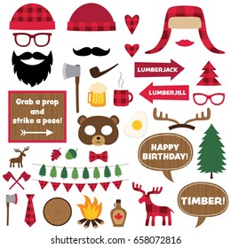 Lumberjack vector design elements and photo booth props set