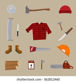 Lumberjack vector icon set. A collection of Lumberjack themed symbols, Lumberjack set, wood and tools. Vector eps10 illustration.