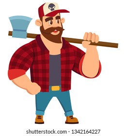 Lumberjack. Vector Illustration in Cartoon Flat Style. Strong, Handsome Man in Stylish Cap and Ax on the Shoulder