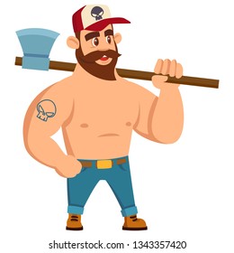 Lumberjack. Vector Illustration in Cartoon Flat Style. Strong, Handsome Man with a Naked Torso in a Stylish Cap