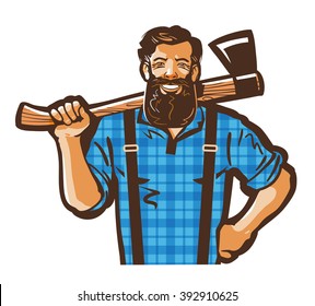 Lumberjack vector logo design template. Woodman, woodcutter or carpenter, joiner, woodworker icon