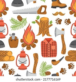 Lumberjack vector seamless pattern, flat background