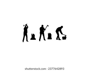 Silhouette vectorial de leñador. Conjunto de siluetas vectoriales realistas de hombre con hacha, pie, caminar y cortar madera. Cojín con silueta vectorial de hacha aislado sobre fondo blanco.