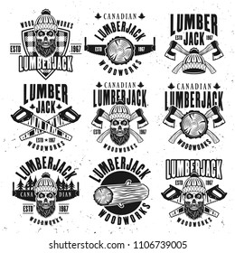 Lumberjack vintage black on white emblems, labels and badges vector illustration