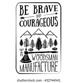 Lumberjack vintage label with axe and trees. Hand drawn textured grunge vintage label, retro badge or T-shirt typography design, hipster T-shirt print design. Hand drawn vector illustration.