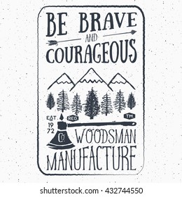 Lumberjack vintage label with two axes and trees. Hand drawn textured grunge vintage label, retro badge or T-shirt typography design, hipster T-shirt print design. Hand drawn vector illustration. 