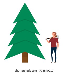 Lumberjack wants to cut the tree. Vector image with a transparent background.