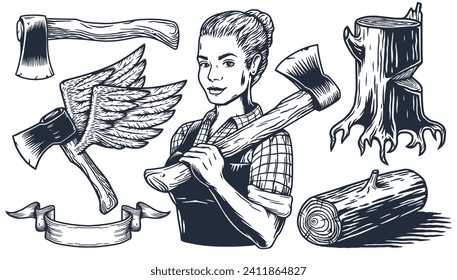 Lumberjack woman with axe of carpenter. Set of elements for woodworker and logger. Monochrome axeman for emblem prints