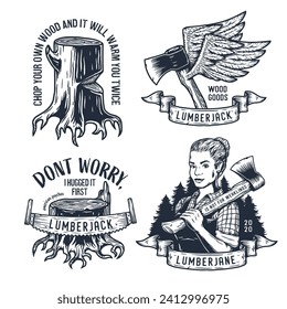 Lumberjack woman with axe of carpenter. Set of prints for woodworker and logger. Monochrome axeman emblem