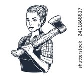 Lumberjack woman of carpenter or female axeman. Woodworker and logger with axe in hand. Monochrome print