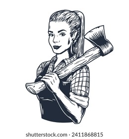 Lumberjack woman of carpenter or female axeman. Woodworker and logger with axe in hand. Monochrome print