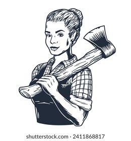 Lumberjack woman of carpenter or female axeman. Woodworker and logger with axe in hand. Monochrome print