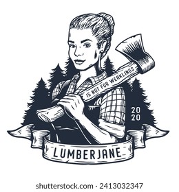 Lumberjack woman of carpenter or female axeman. Woodworker and logger with axe in hand. Monochrome print