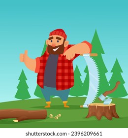 Lumberjack in wood. cartoon mascot in red shirt with hand saw standing in wood landscape. Vector illustration