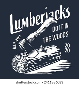 Lumberjack wood log with rings and ax for logo and emblem of carpenter. Timber or lumber with axe for t-shirts print design of axeman, woodsman