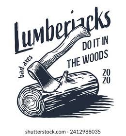 Lumberjack wood log with rings and ax for logo and emblem of carpenter. Timber or lumber with axe for t-shirts print design of axeman, woodsman