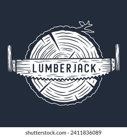 Leña de leña con anillos y sierra para el logotipo y el emblema del carpintero. Madera o madera con hacksawpara camisetas diseño impreso de axeman, leñador