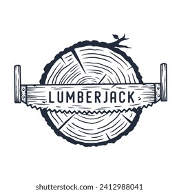 Lumberjack wood log with rings and saw for logo and emblem of carpenter. Timber or lumber with hacksawfor t-shirts print design of axeman, woodsman