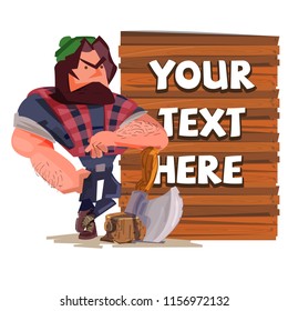 lumberjack with wood sign. character design of carpenter - vector illustration
