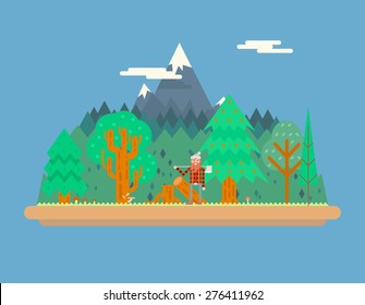 Lumberjack in wood under Mountain Concept Character Flat Design Landscape Background Template Vector Illustration
