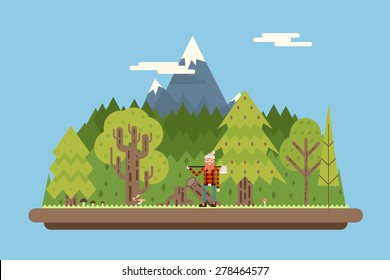 Lumberjack wood under Mountain Concept Character Flat Design Landscape Background Template Vector Illustration