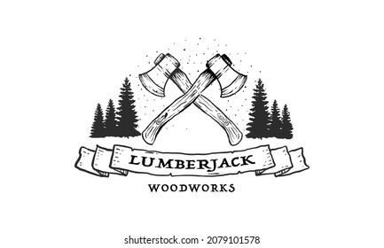Lumberjack wood works. Design element for logo, label, sign, poster. Vector illustration