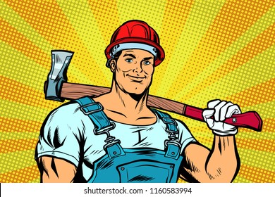 lumberjack woodcutter with axe. Pop art retro vector illustration vintage kitsch