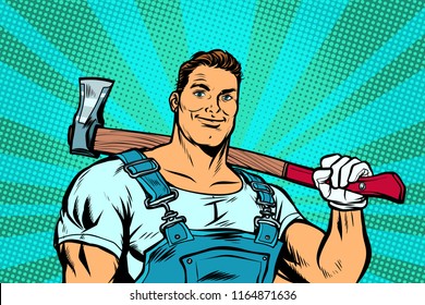 lumberjack woodcutter with axe. Pop art retro vector illustration vintage kitsch