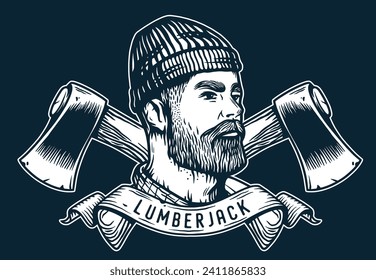 Lumberjack, woodcutter of carpenter or axeman. Woodworker and logger with axe in hand. Monochrome print