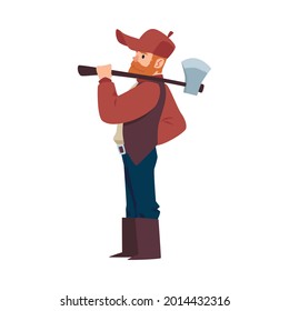 Lumberjack or woodcutter cartoon character standing in profile holding ax on his shoulder. Flat vector illustration isolated on white background. Production of wooden materials.