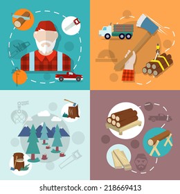 Lumberjack woodcutter flat composition icons set isolated vector illustration