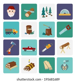 Lumberjack woodcutter flat icons set of wood timber industry isolated vector illustration