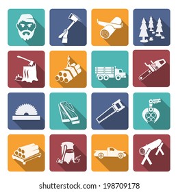 Lumberjack woodcutter flat icons set of carpentry equipment isolated vector illustration