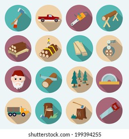 Iconos planos de leñador de lumberjack conjunto de herramientas de trabajo axial ilustración vectorial aislada