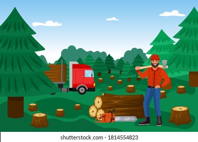 Lumberjack with woodcutter in forest, timber vector illustration. Lumber wood, cutting logs worker cartoon character. Lumberman in checkered shirt. Firewood industry lumberer.