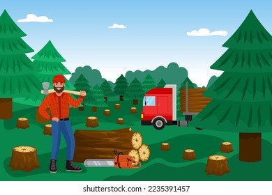 Lumberjack with woodcutter in forest, timber vector illustration. Lumber wood, cutting logs worker cartoon character. Lumberman.