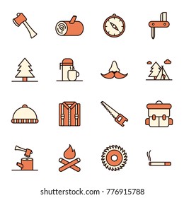 Lumberjack & woodcutter icon set. Logging line icons in squares, sawmill, logging truck, tree harvester, timber, lumberjack, etc.