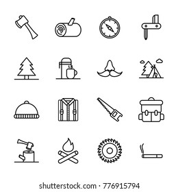 Lumberjack & woodcutter icon set. Logging line icons in squares, sawmill, logging truck, tree harvester, timber, lumberjack, etc.