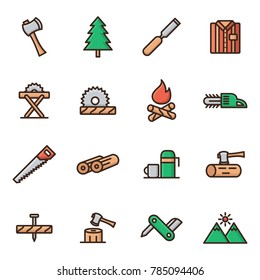 Lumberjack & woodcutter icon set. Logging line icons in squares, sawmill, logging truck, tree harvester, timber, lumberjack, etc.