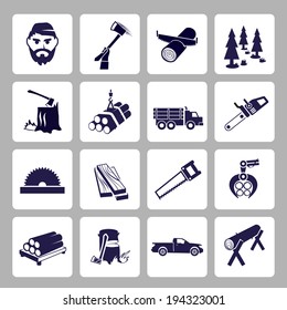 Lumberjack woodcutter icons set of wood log saw tree  isolated vector illustration