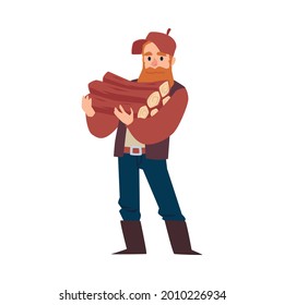 Lumberjack or woodcutter male character holding timbers, flat vector illustration isolated on white background. Lumberman standing with wooden materials.