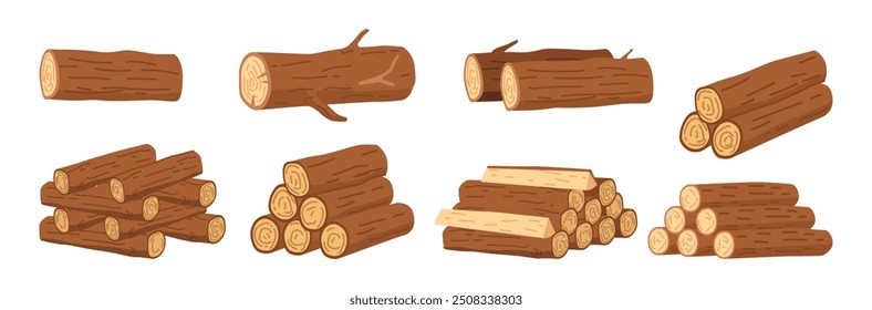 Lumberjack or woodcutter work, isolated wooden resources or raw materials. Vector logs from tree, woodwork or forest, woods. Hardwoods construction materials. Nature and ecological building element