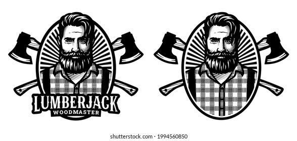 Lumberjack, woodmaster emblem with crossed axes. Two options.