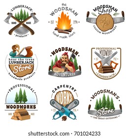 Lumberjack woodsman carpentry shop 9 labels logo emblems design collection with ax saw campfire isolated vector illustration 