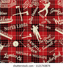 Lumberjack and woodsman symbols and silhouettes collection, abstract grunge vector seamless pattern with scottish plaid background