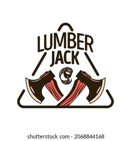 Lumberjack woodwork emblem composition with editable text triangle frame and images of crossed axes vector illustration
