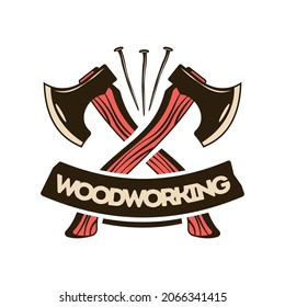 Lumberjack woodwork emblem composition with images of crossed axes with nails and editable text vector illustration